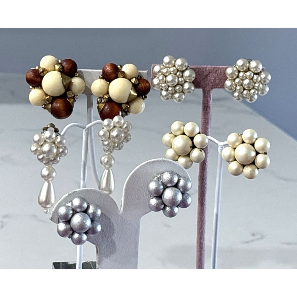 Vintage Clip On Earrings Lot Faux Pearl Bead Cluster MCM 5 Pairs